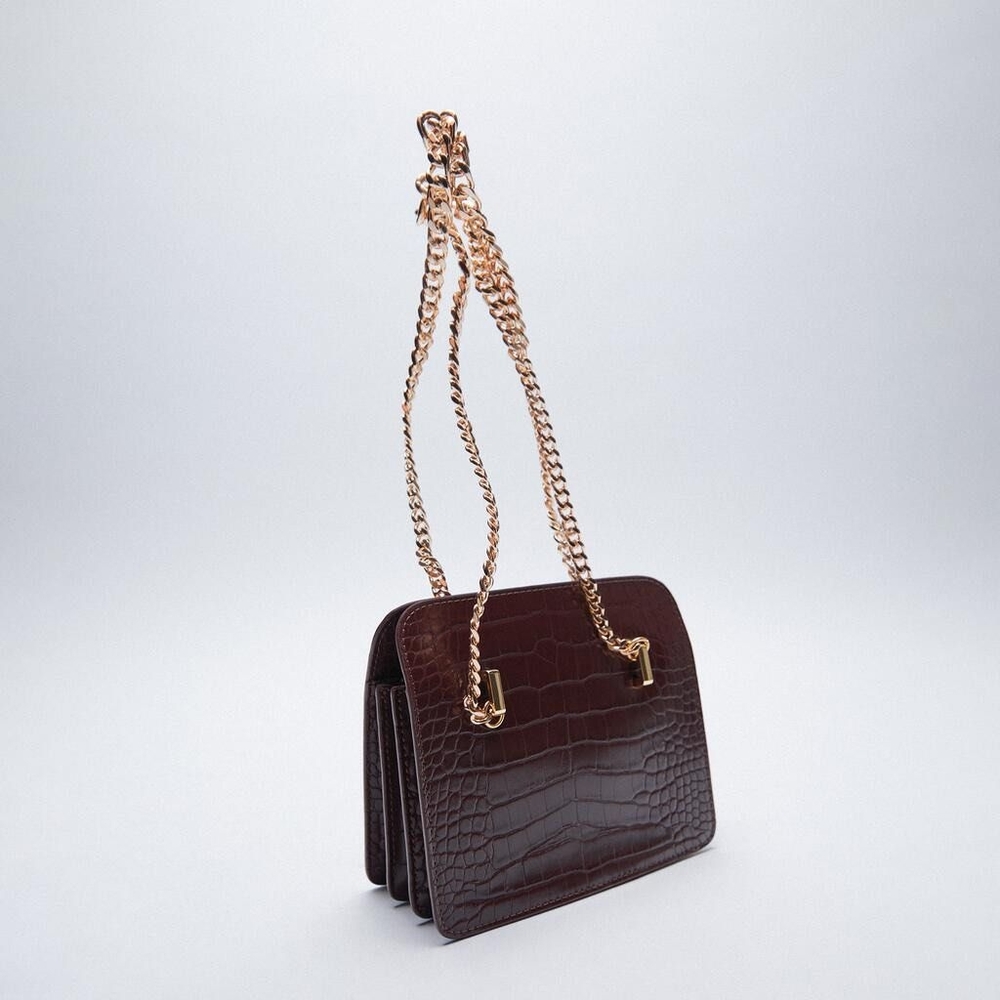 Zara Dark Brown Croc-Embossed Mini Shoulder Bag with Gold Chain